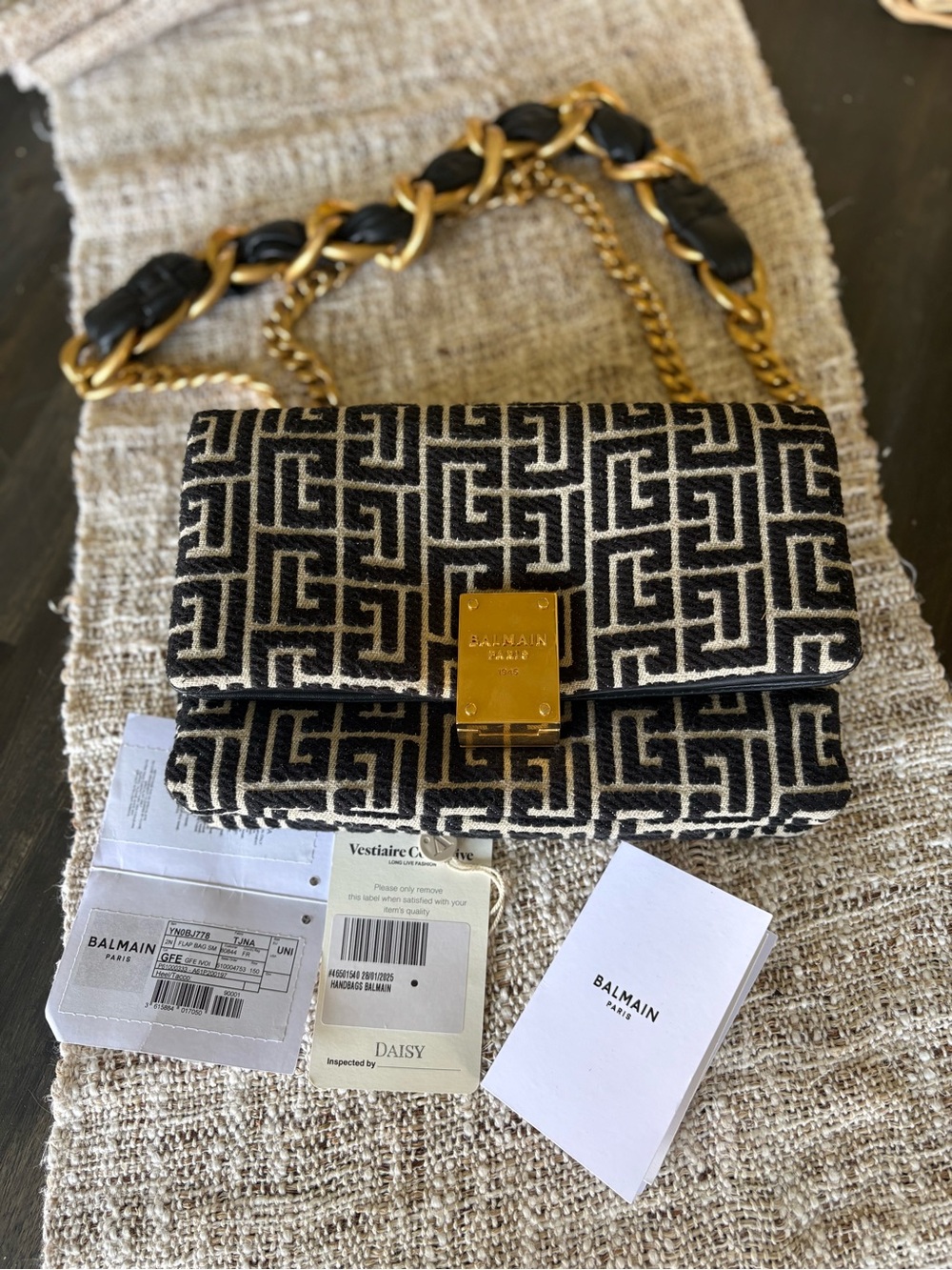 Balmain 1945 Large Monogram Jacquard  Shoulder Bag Black Beige Gold Chain EUC
